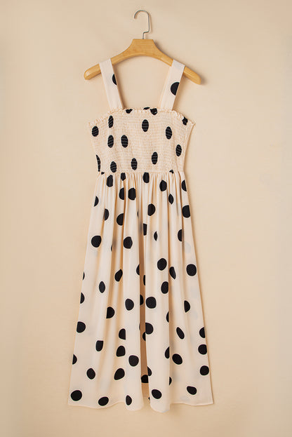 Oatmeal Polka Dot Smocked Sleeveless Maxi Dress