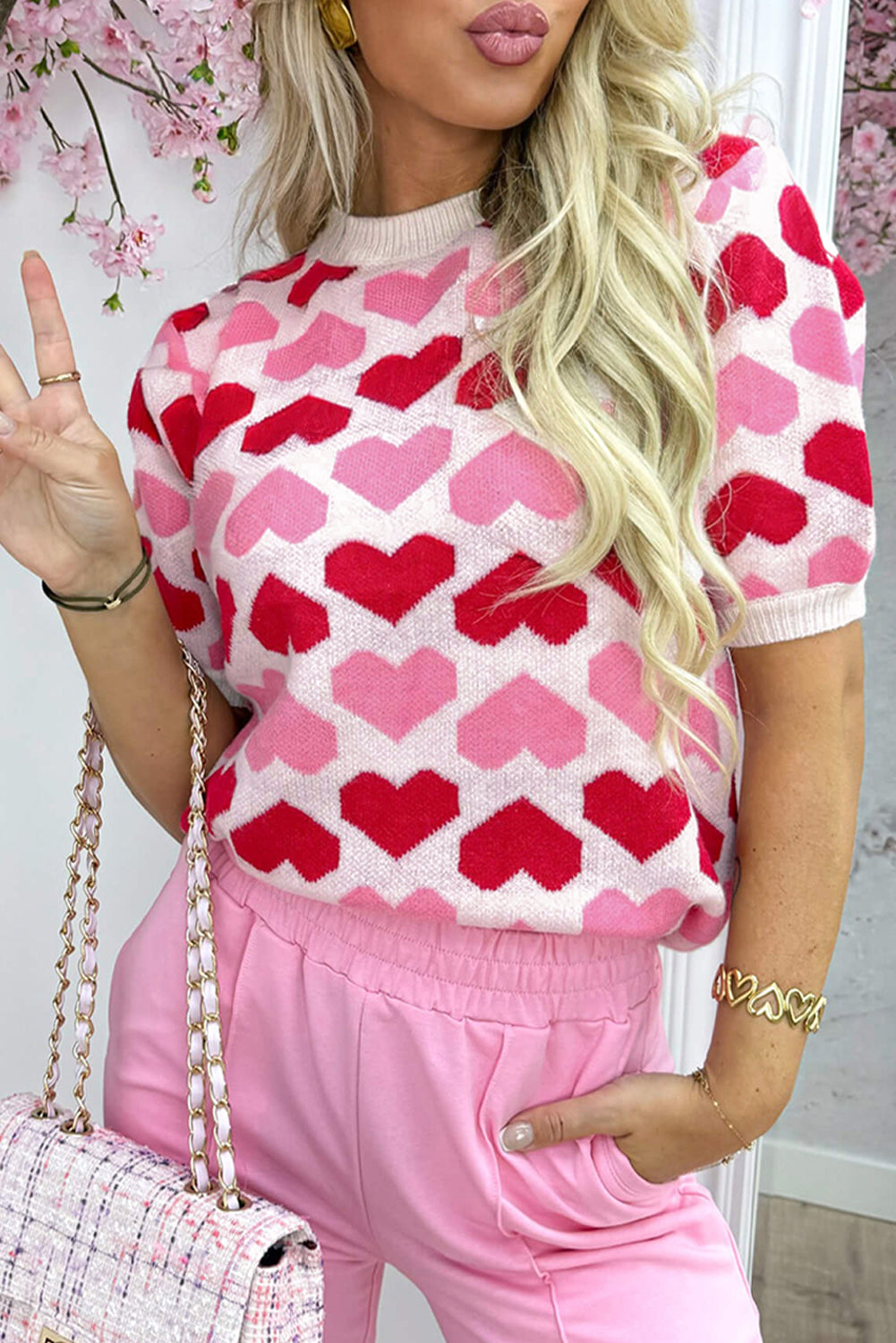 Sachet Pink Two Tone Heart Print Valentine Crew Neck Short Sleeve Sweater Dear-Lover Dropshipping