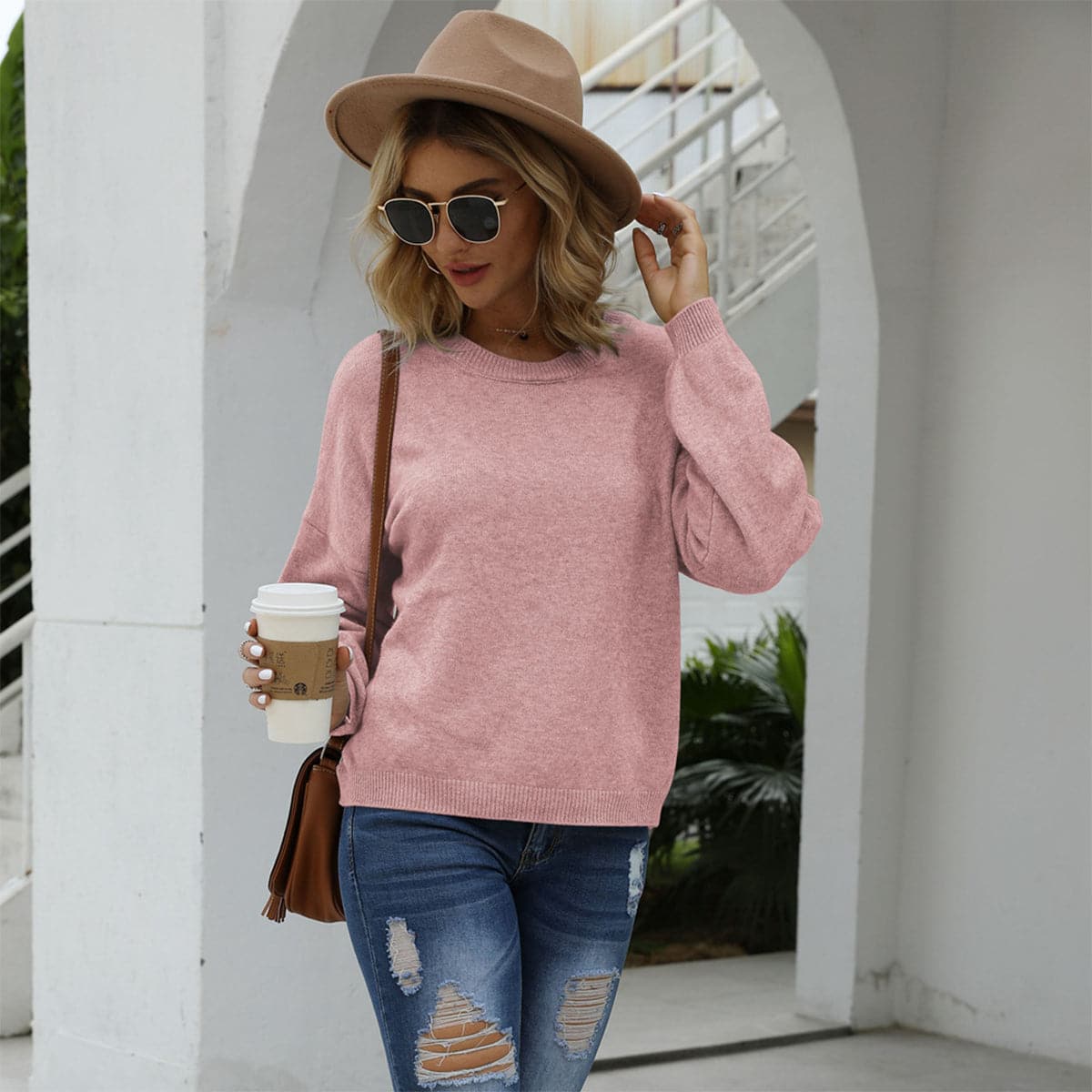 Round Neck Long Sleeve Drop Shoulder Sweater.