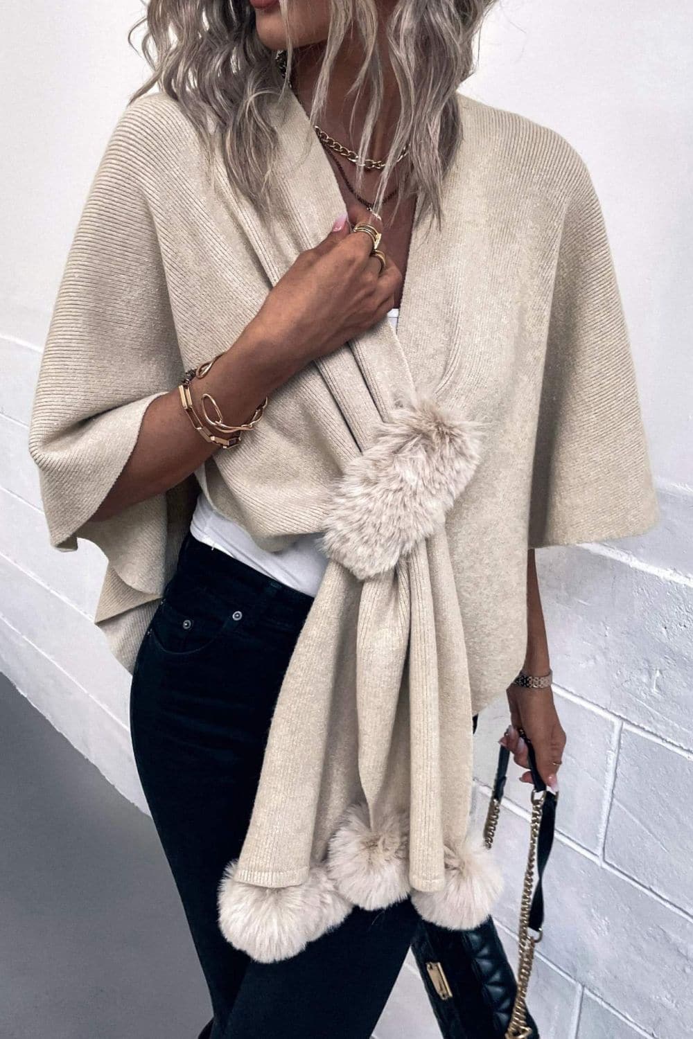 Surplice Neck Pom-Pom Trim Poncho.