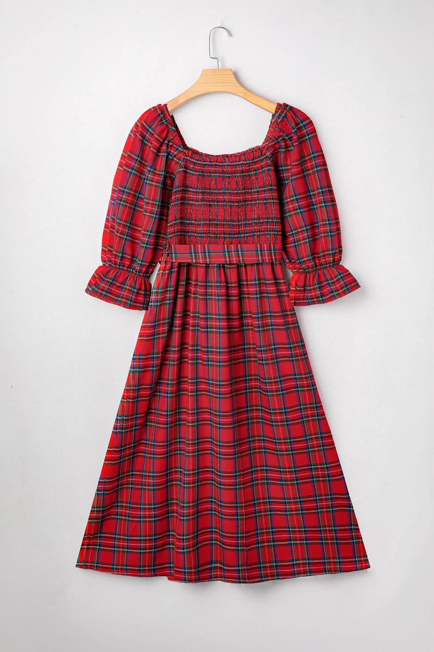 Red Tartan Plaid Square Neck Puff Sleeve Knot Waist Flared Midi Dress Dear-Lover Dropshipping