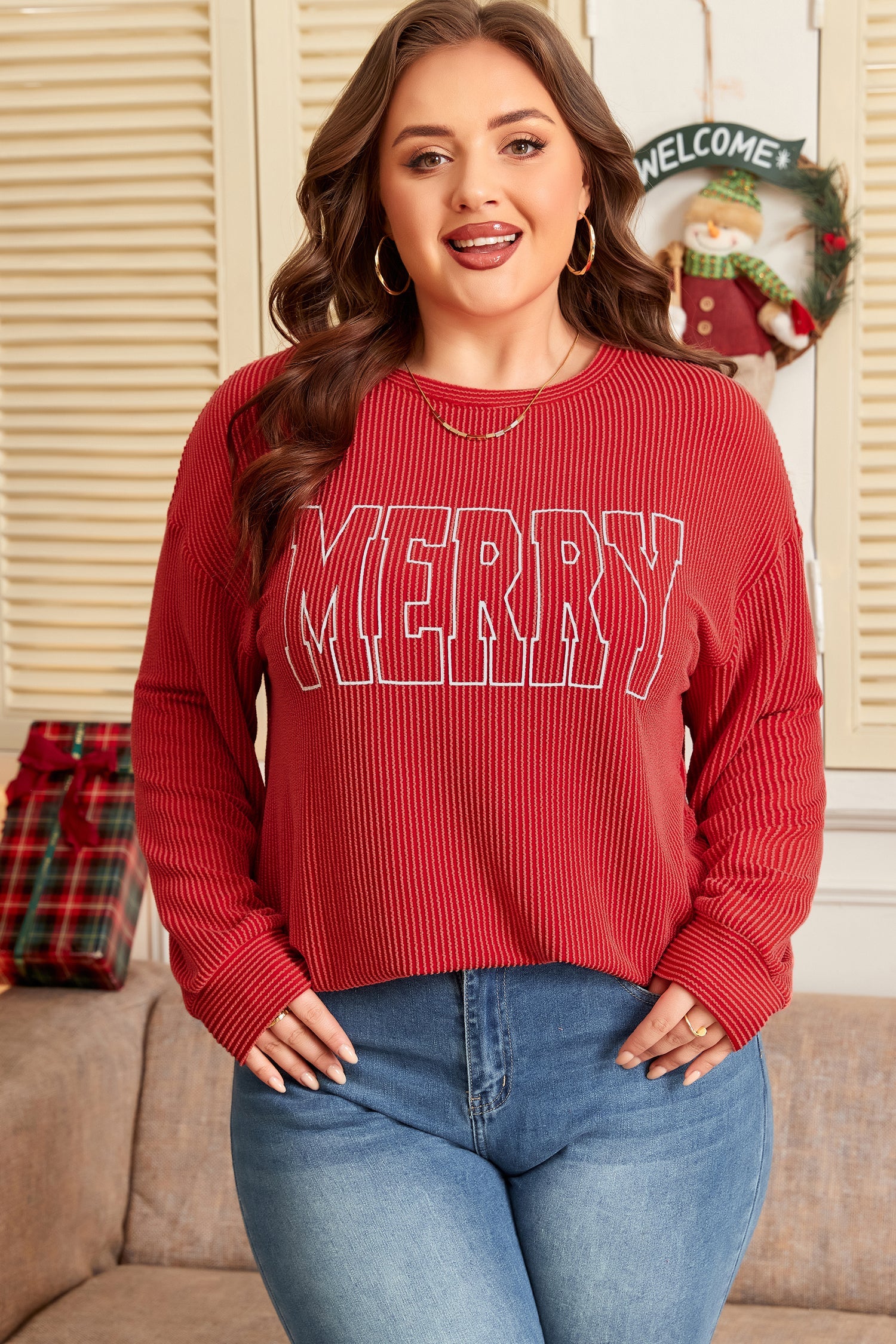 Fiery Red Twist Ribbed Merry Letter Graphic Plus Size Pullover Dear-Lover Dropshipping