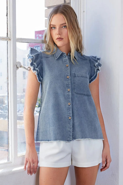 Mittoshop Washed Denim Ruffle Short Sleeve Collared Shirt - Love Salve 