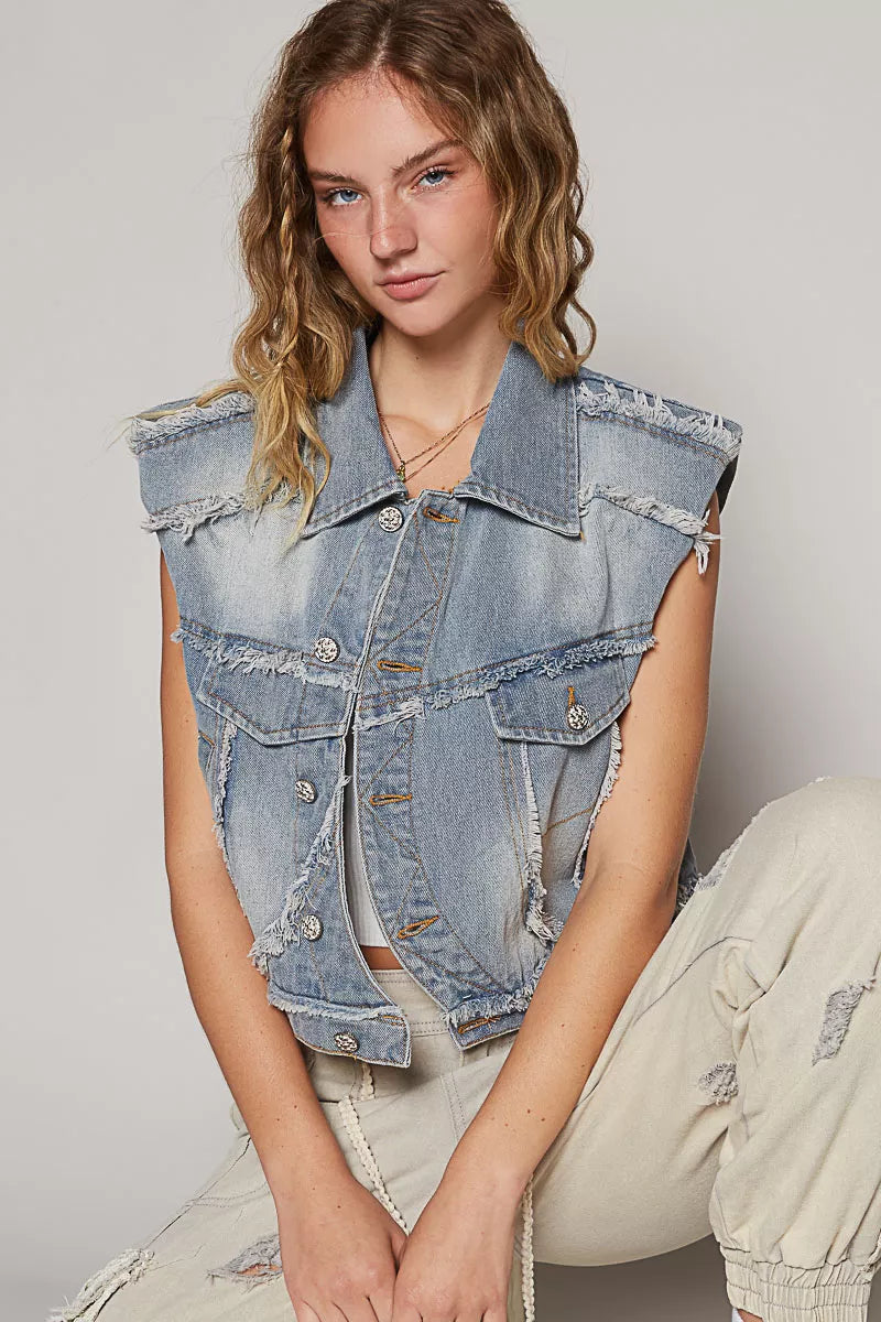 POL Assymetrical Front Closure Raw Hem Denim Vest Simply Love