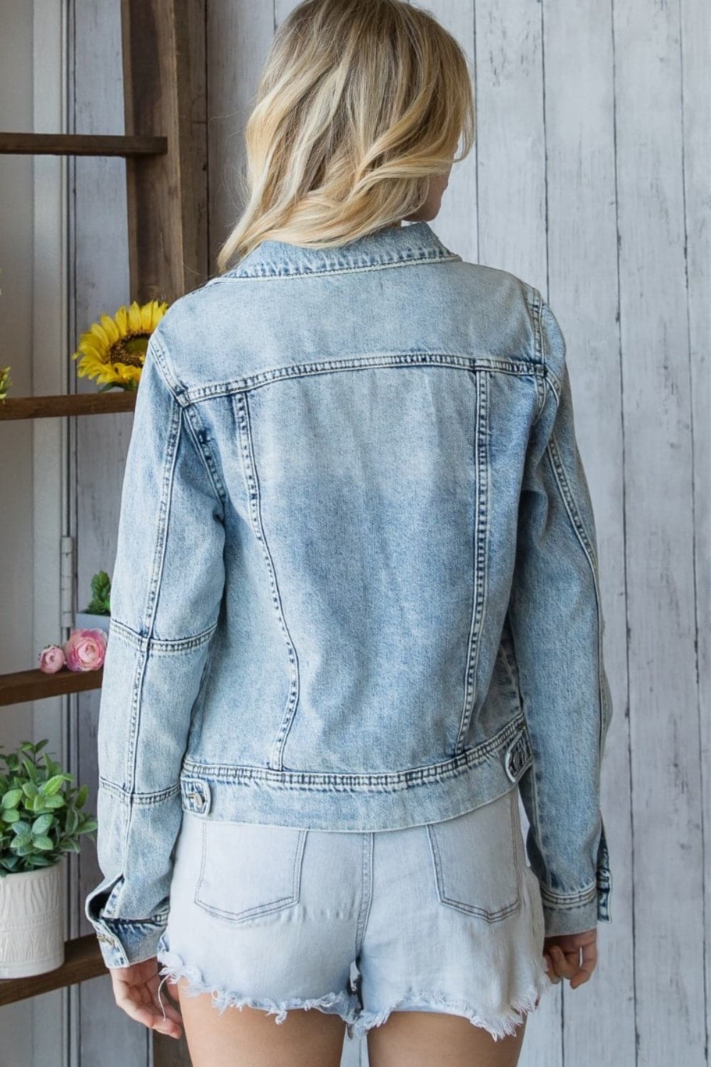 Veveret Distressed Button Up Denim Jacket.