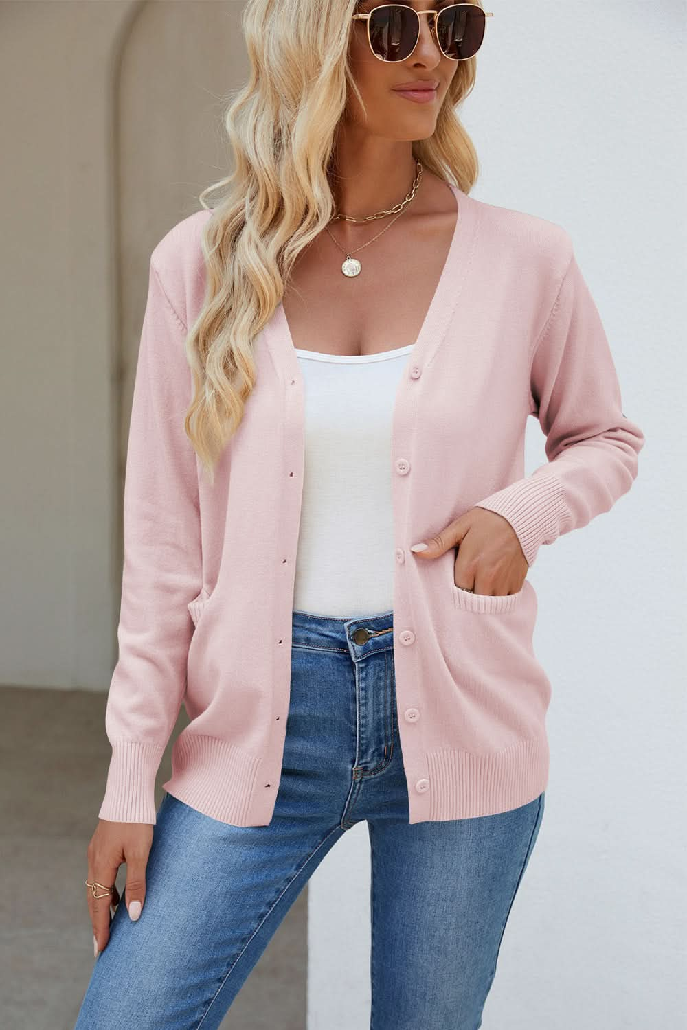 Vibrant V-Neck Button-Up Cardigan with Pockets