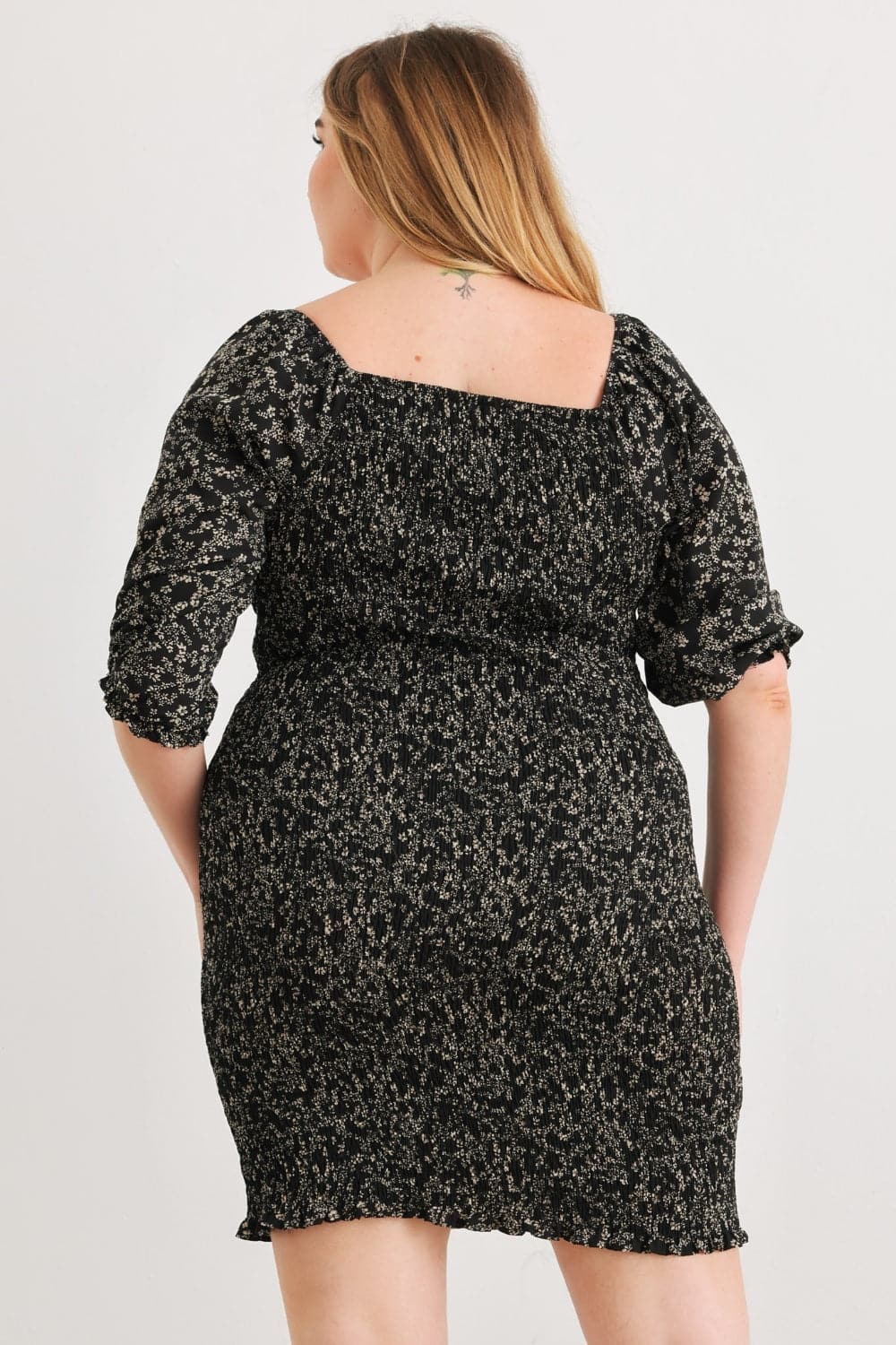 Zenobia Plus Size Smocked Printed Square Neck Mini Dress.