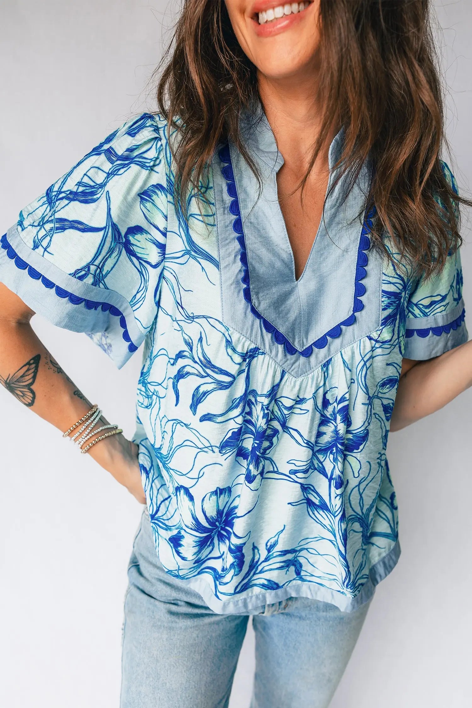 Sky Blue Ricrac Trim Slit V Neck Short Sleeve Floral Blouse Dear-Lover Dropshipping