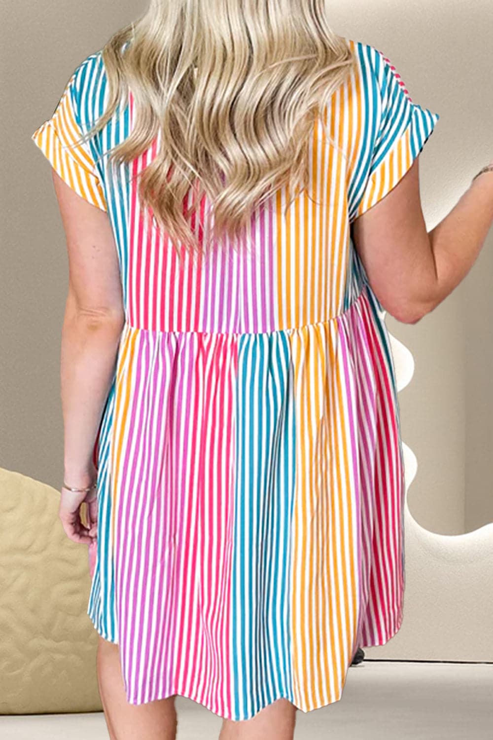 Striped Collared Neck Cap Sleeve Mini Dress.