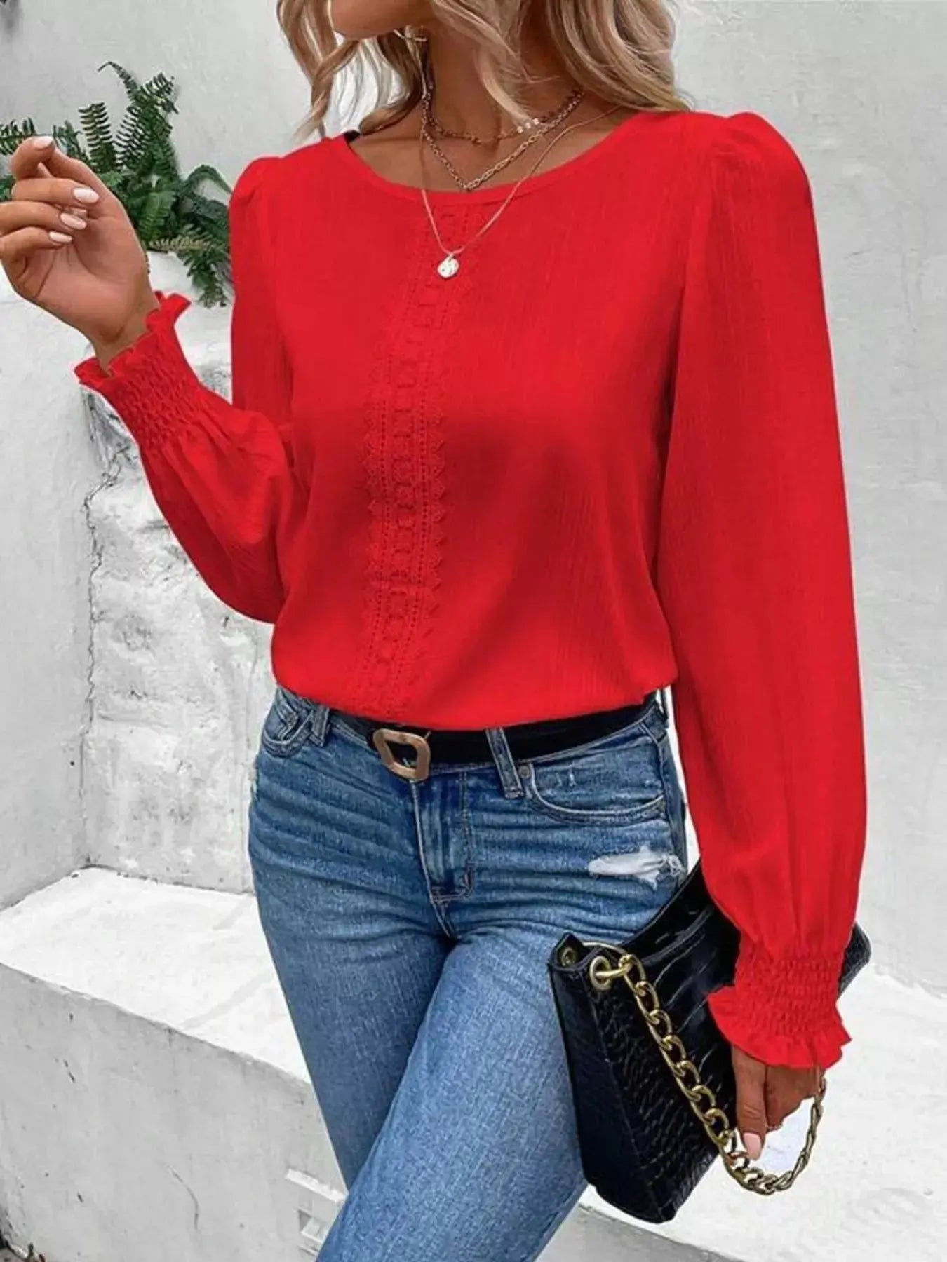Lace Trim Long Sleeve Blouse Simply Love