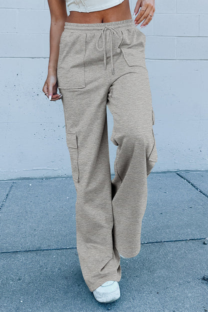 Light grey high waist lace-up wide leg pants with pockets