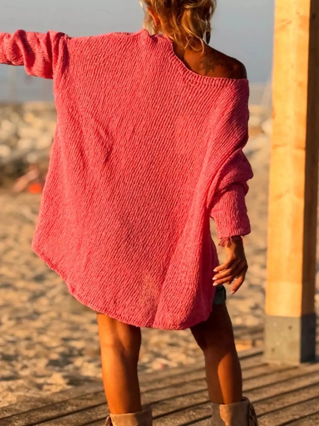 Heart V-Neck Dropped Shoulder Sweater Simply Love