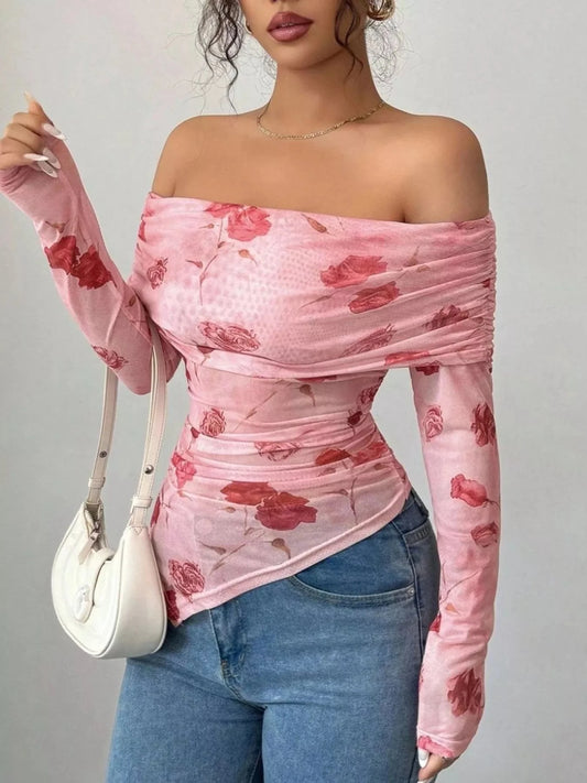 Floral Print Off-Shoulder Mesh Top Simply Love