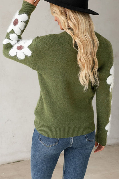 Flower Round Neck Long Sleeve Sweater.