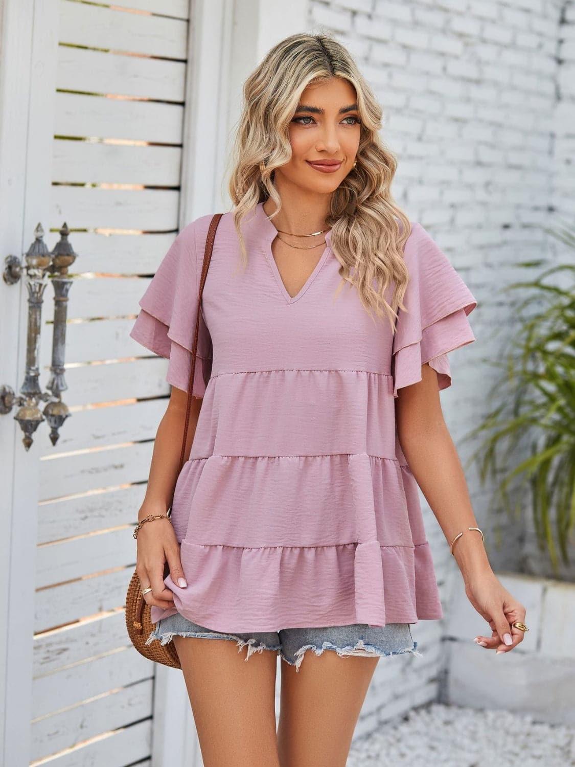 Tiered Notched Short Sleeve Blouse.