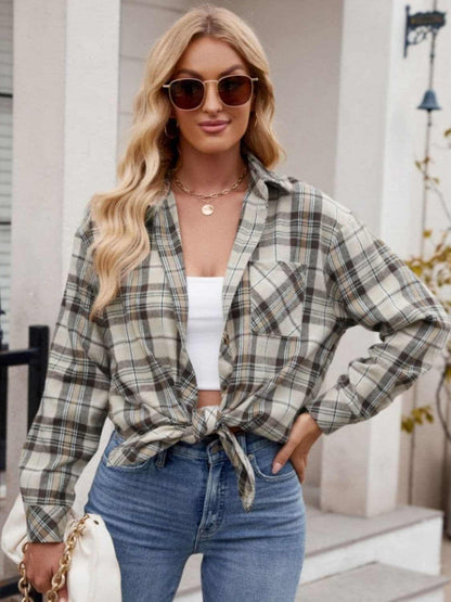 Pocketed Plaid Collared Neck Long Sleeve Shirt.