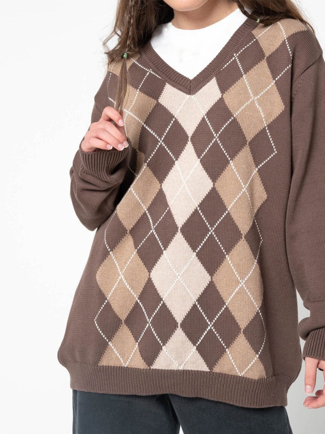 Geometric V-Neck Long Sleeve Sweater.