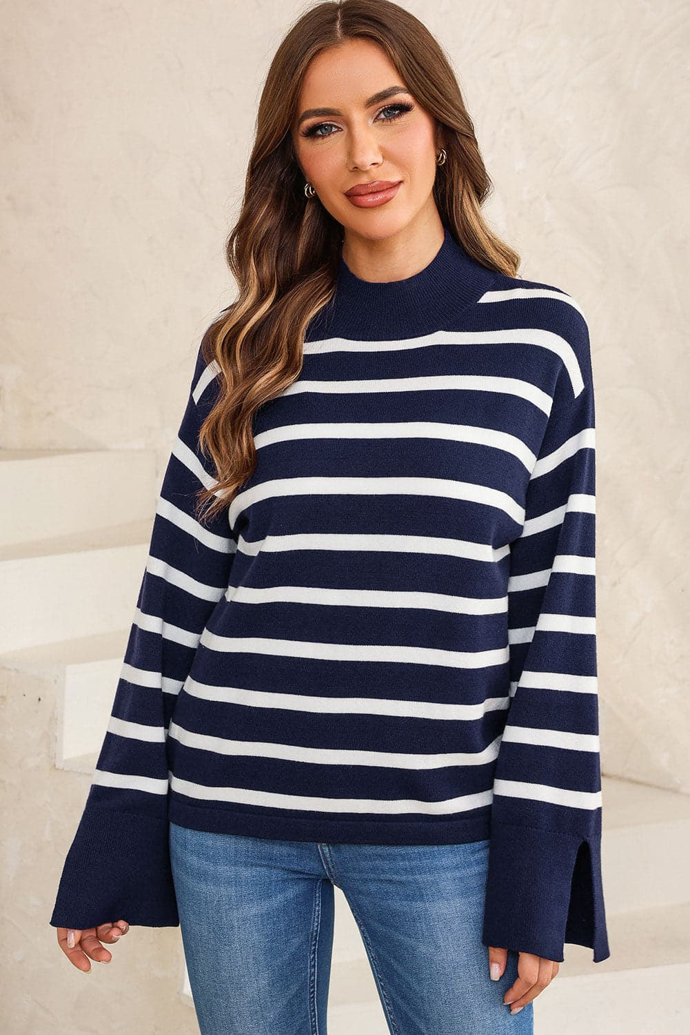 Striped Slit Drop Shoulder Sweater.