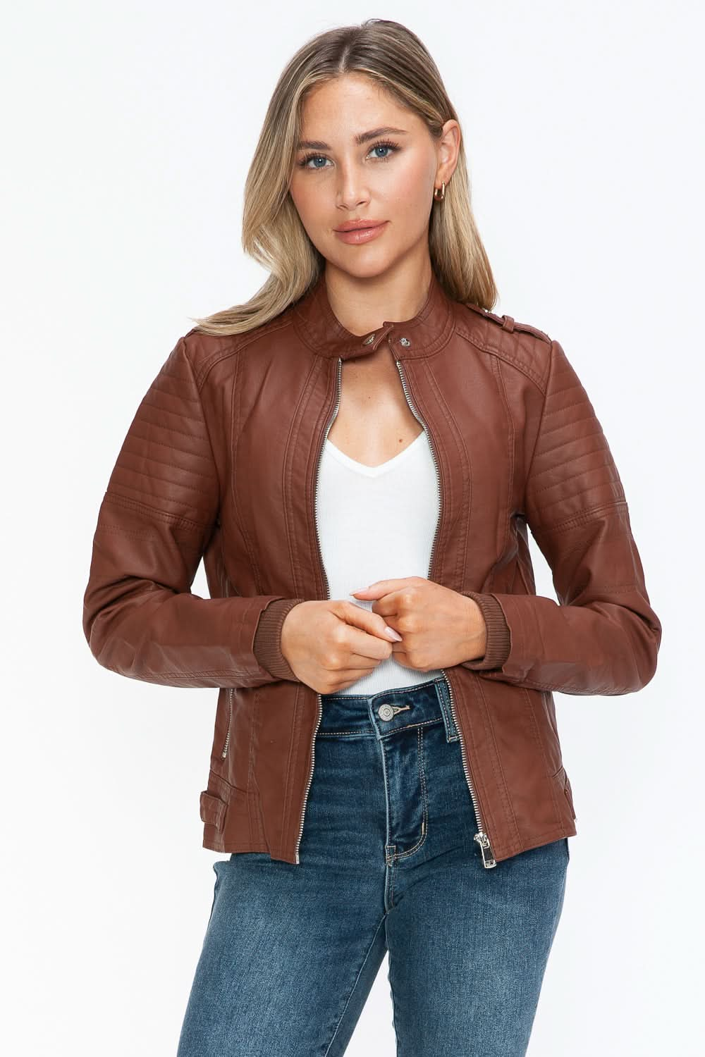 Snobbish PU leather biker jacket with side zip pockets, stylish faux leather design.