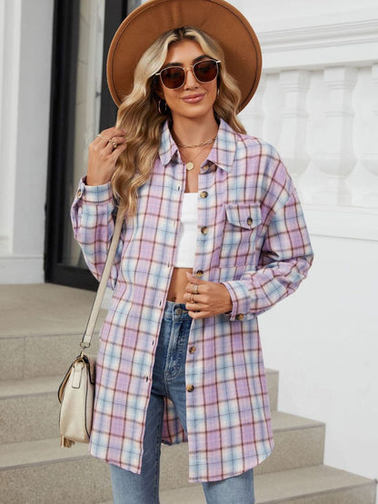 Plaid Collared Neck Long Sleeve Shirt.