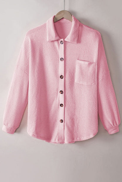 Collared Long Sleeve Waffle-Knit Shirt with Pocket