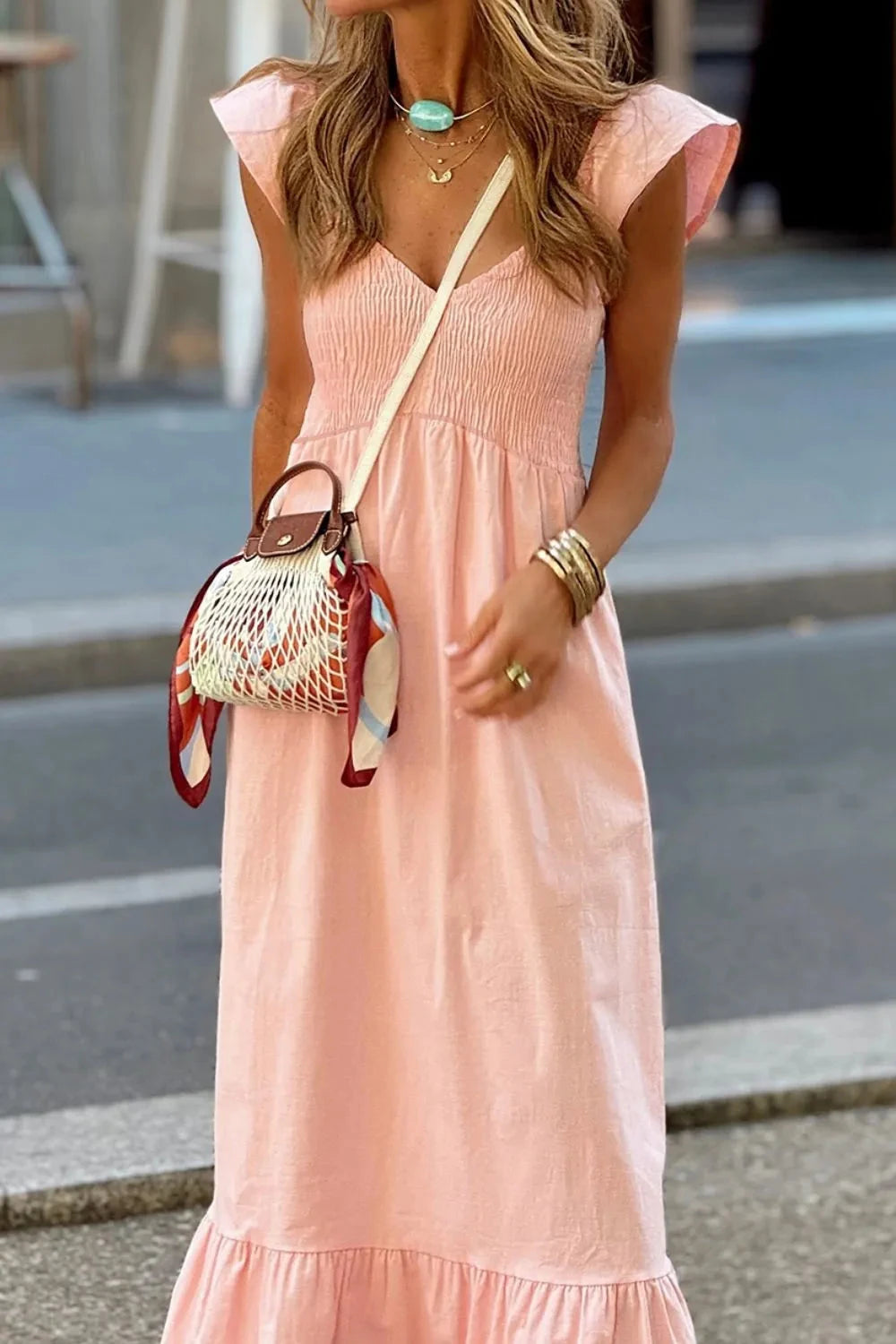 V Neck Ruffled Cap Sleeve Smocked Maxi Dress Simply Love