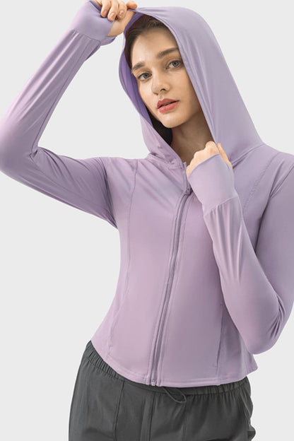 Pocketed Zip Up Hooded Long Sleeve Active Outerwear.