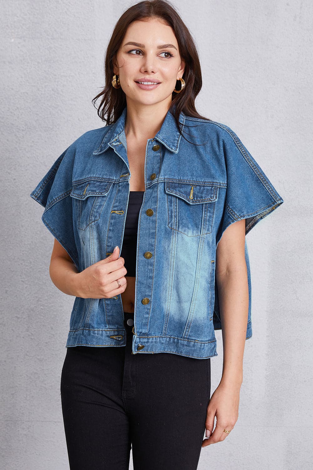 Pocketed Button Up Short Sleeve Denim Top.