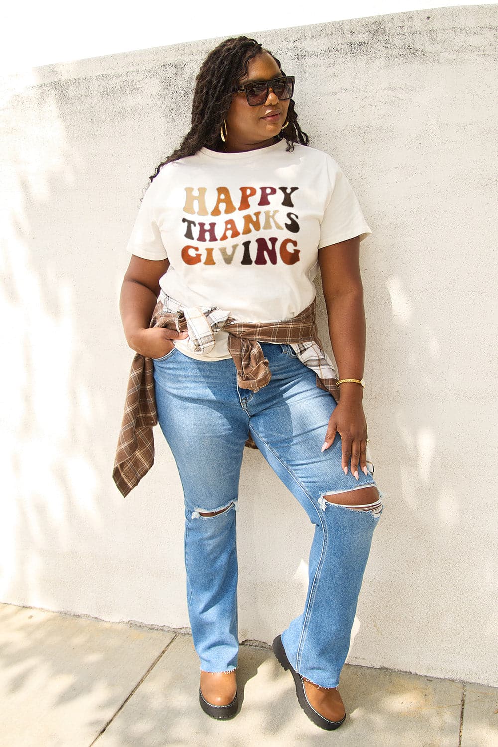 Simply Love Full Size HAPPY THANKS GIVING Short Sleeve T-Shirt.