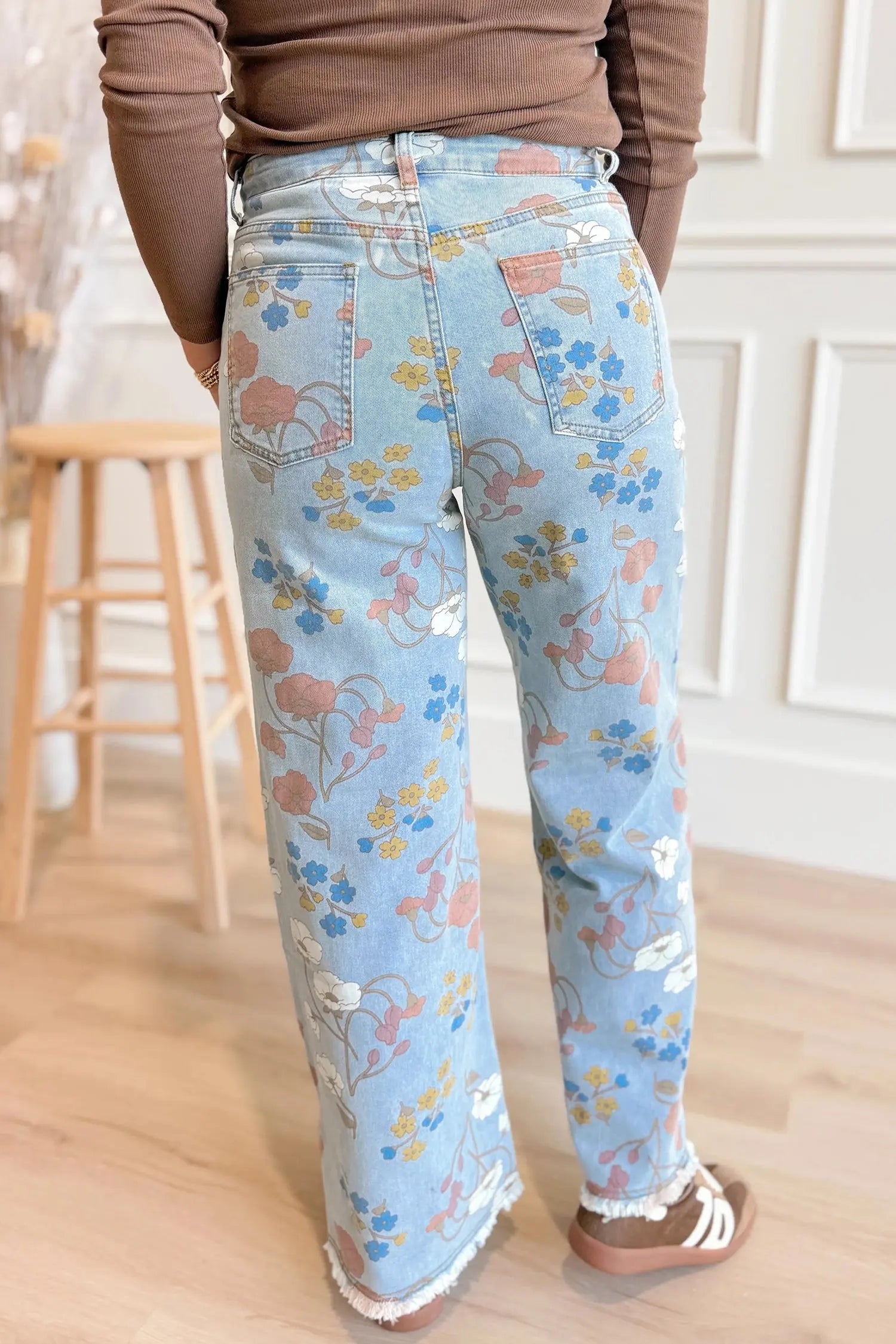 Sky Blue Floral Printed Raw Hem Shift Jeans for Women Dear-Lover Dropshipping