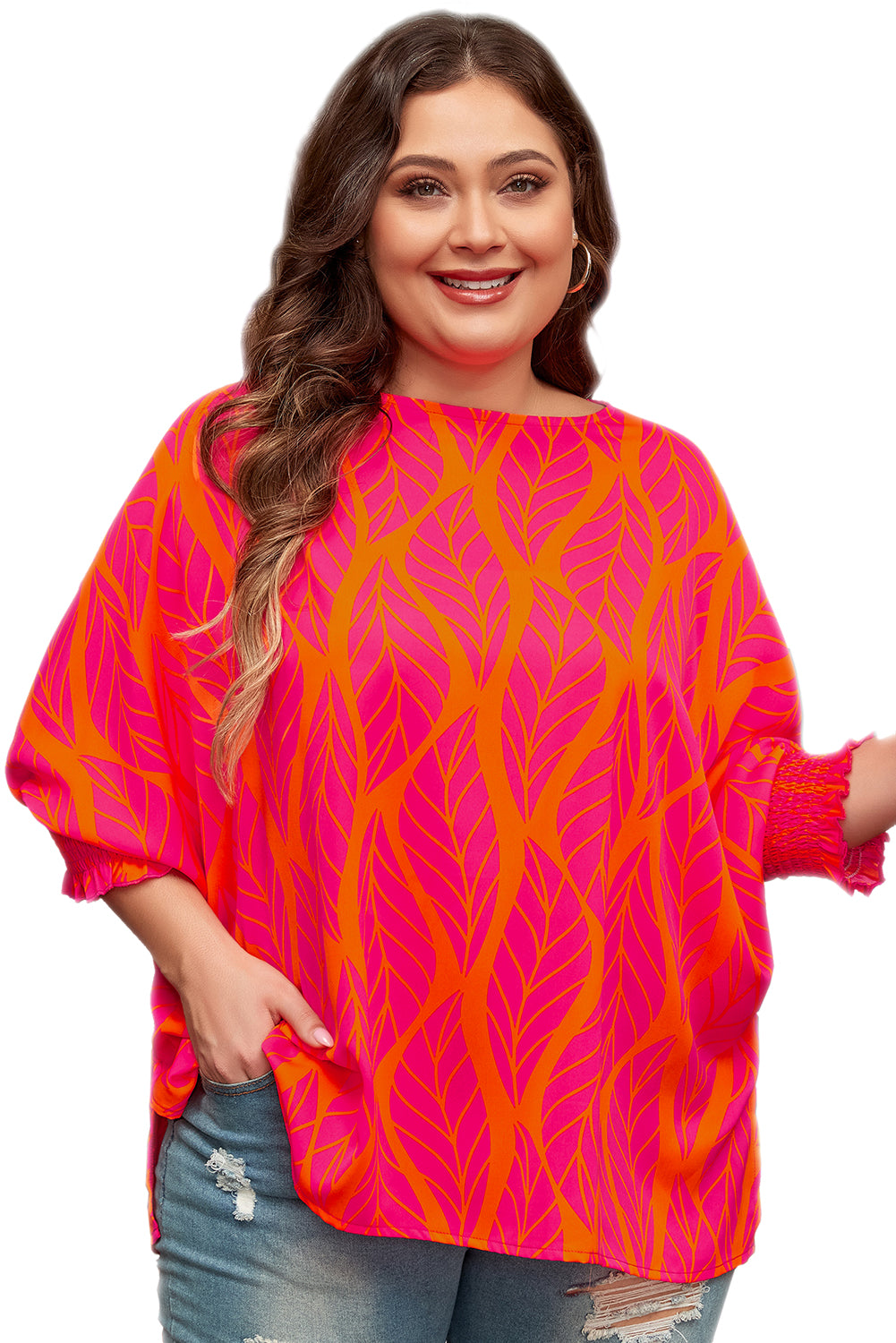 Floral elegance: Plus size smocked lantern sleeve blouse