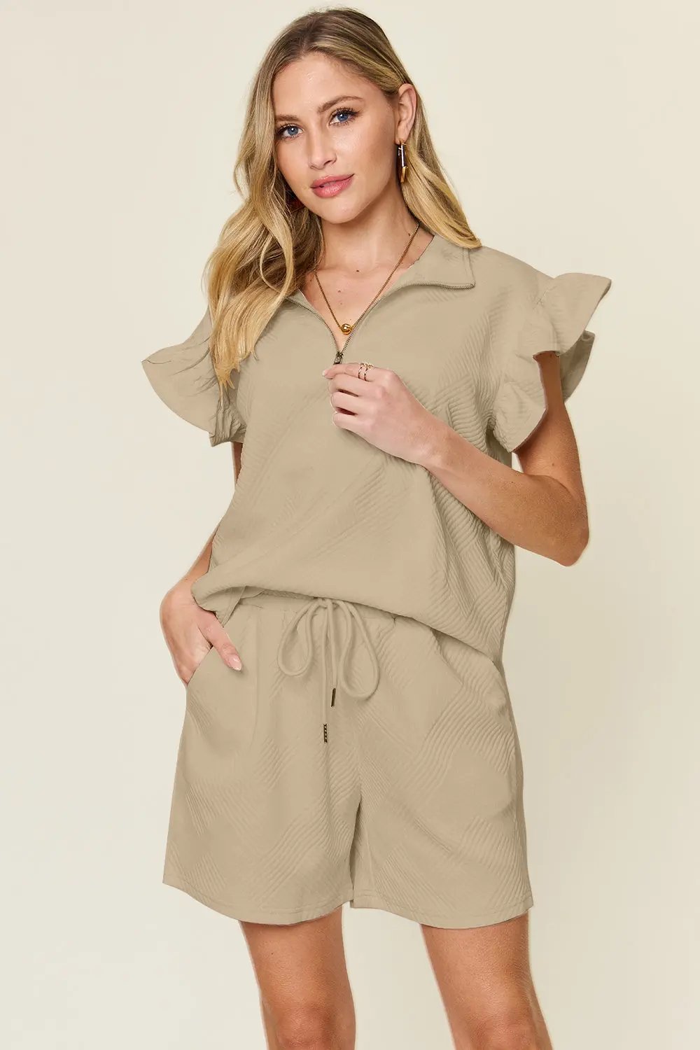 Double Take Full Size Texture Flounce Sleeve Top and Drawstring Shorts Set - Love Salve