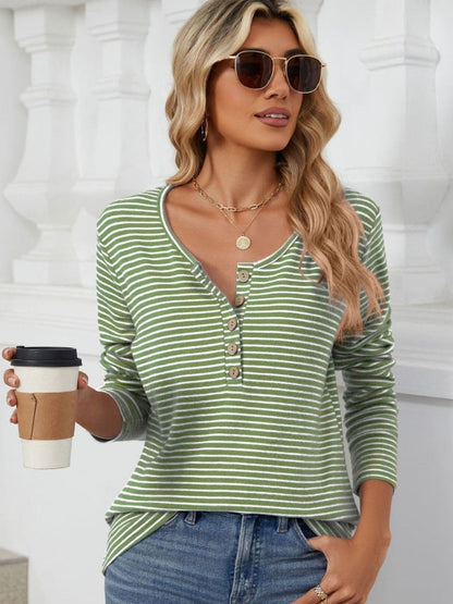 Striped Half Button Long Sleeve T-Shirt.