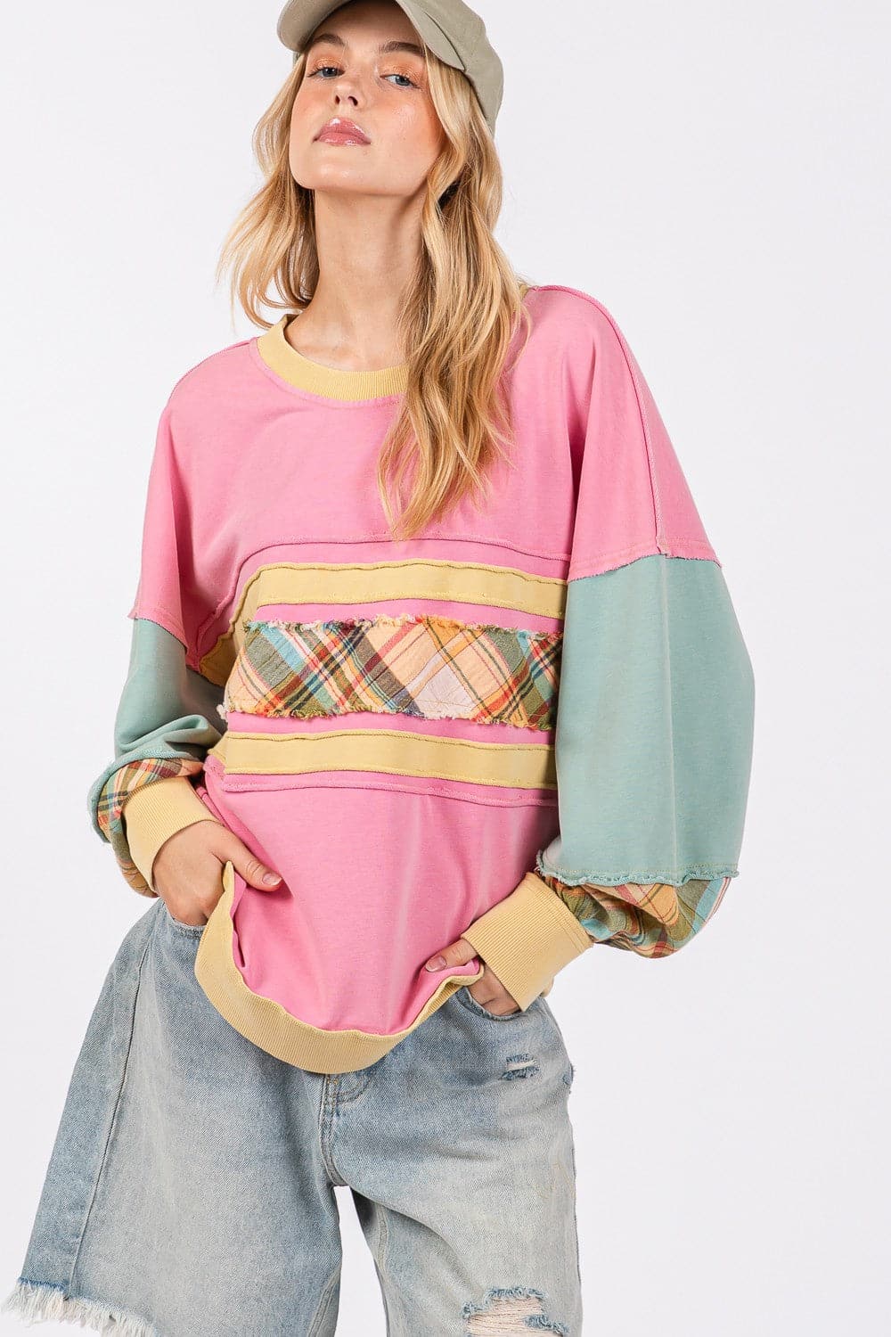 SAGE + FIG Mineral Wash Raw Edge Color Block Sweatshirt.