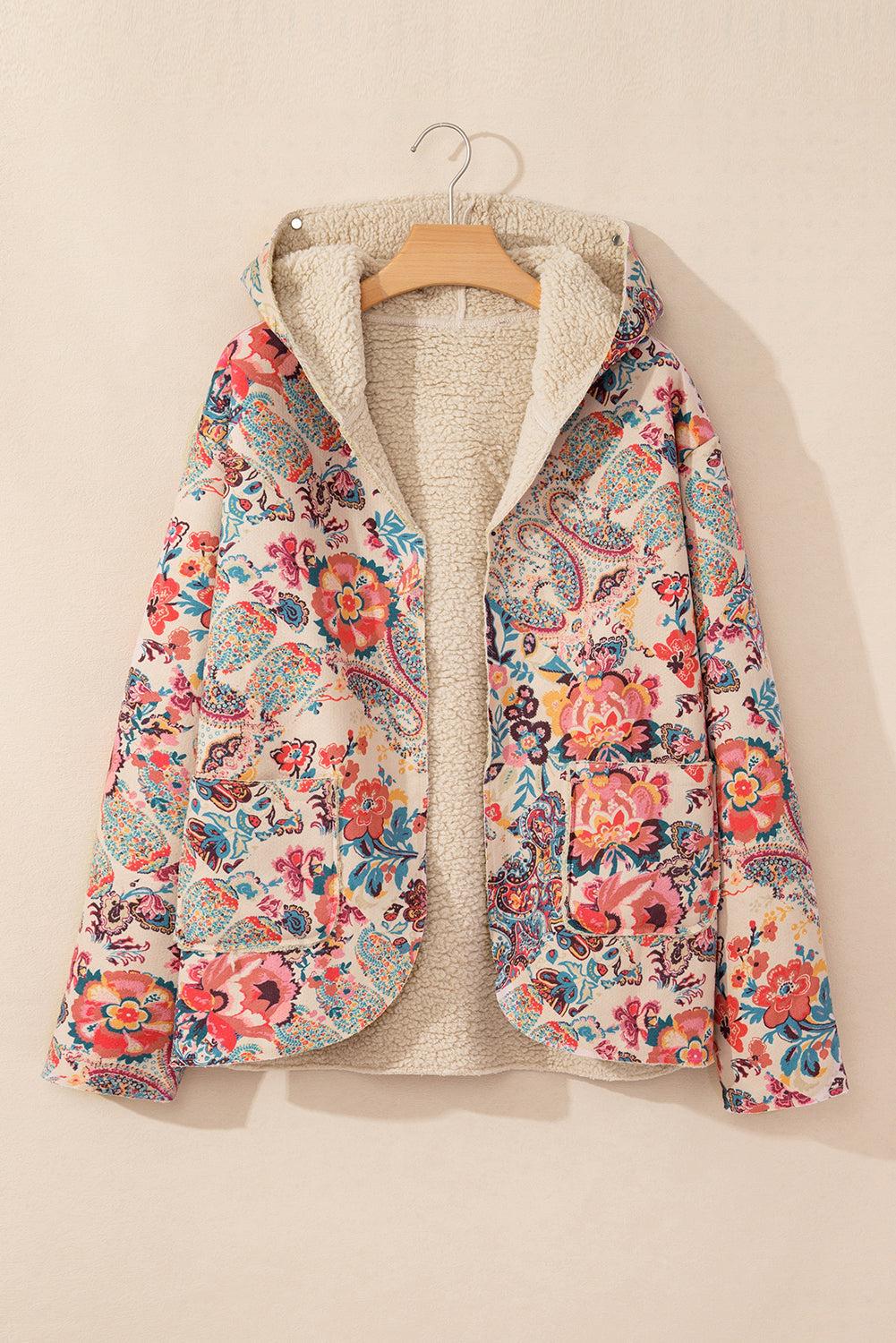 Beige floral sherpa hooded jacket