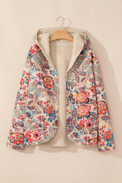 Beige floral sherpa hooded jacket