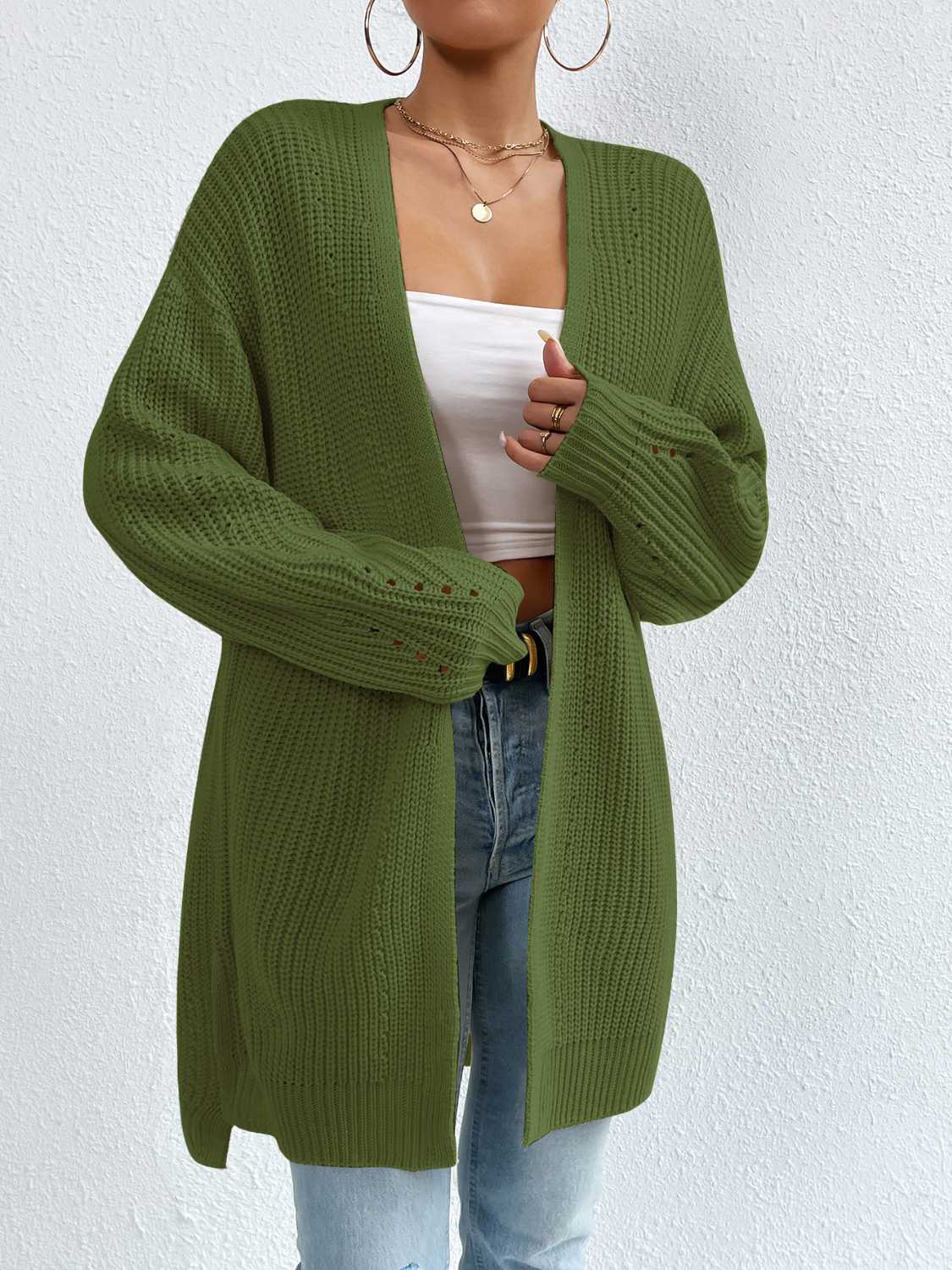 Open Front Dropped Shoulder Slit Cardigan.