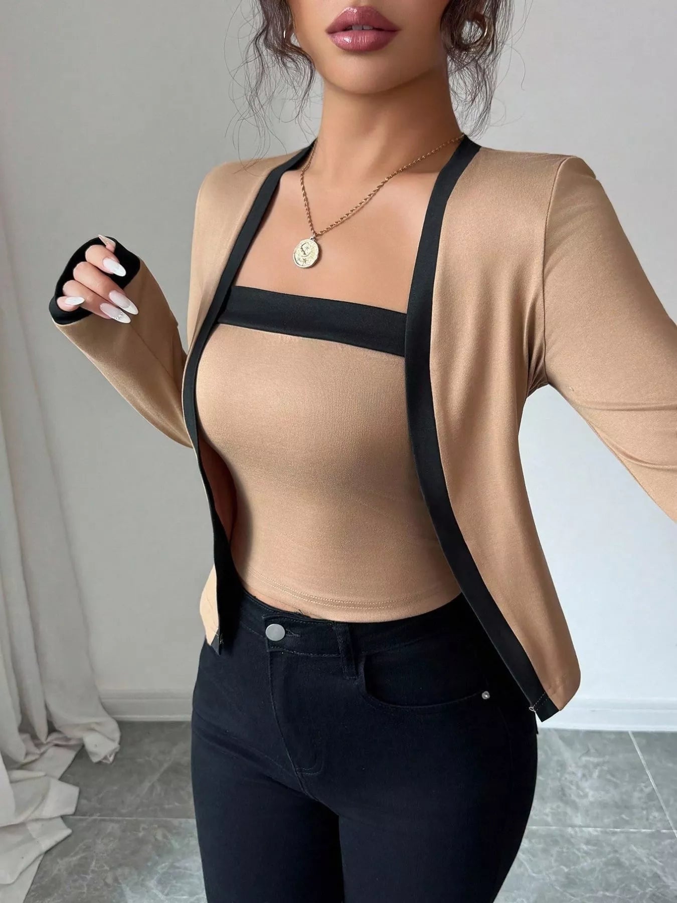 Contrast Trim Cardigan & Tank Top Set Simply Love