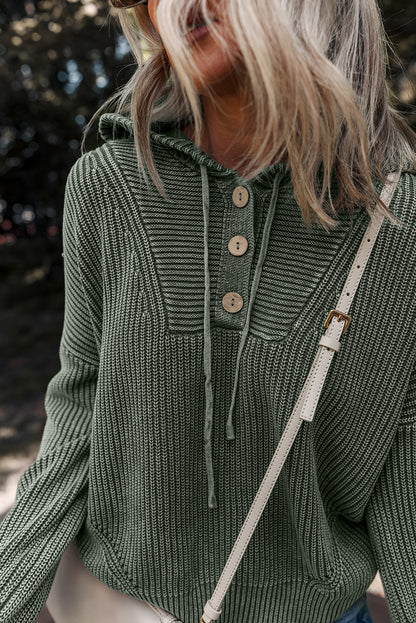 Mist Green Mineral Wash Ribbed Knit Hooded Sweater
