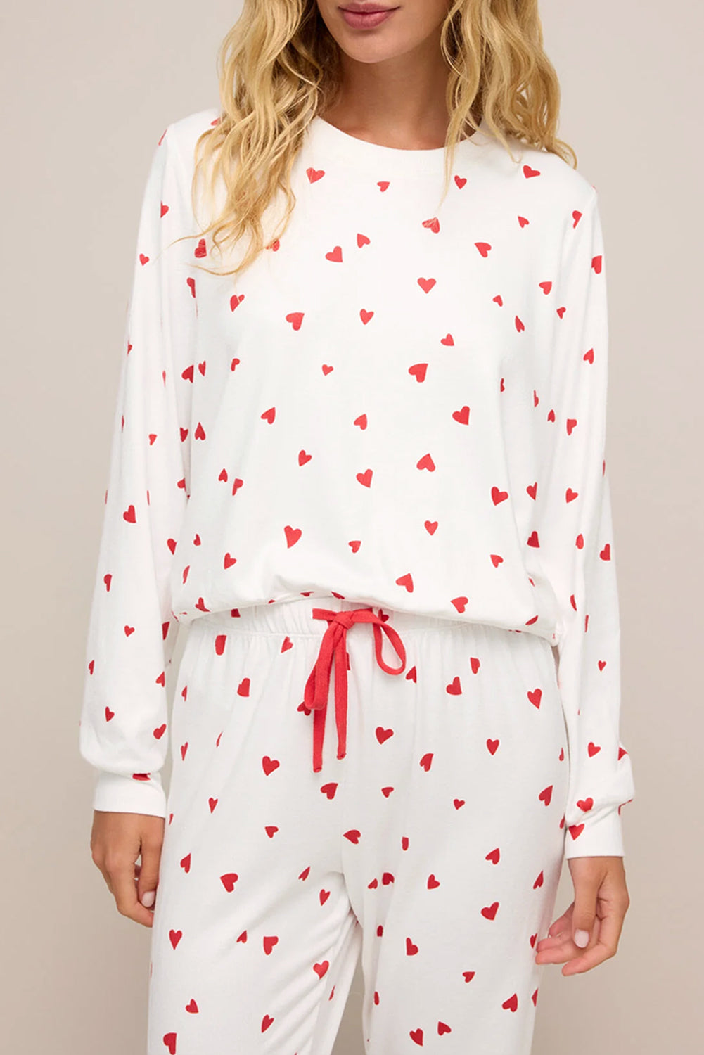 Fiery Red Tiny Hearts Printed Long Sleeve Top And Drawstring Lounge Pants Set Dear-Lover Dropshipping
