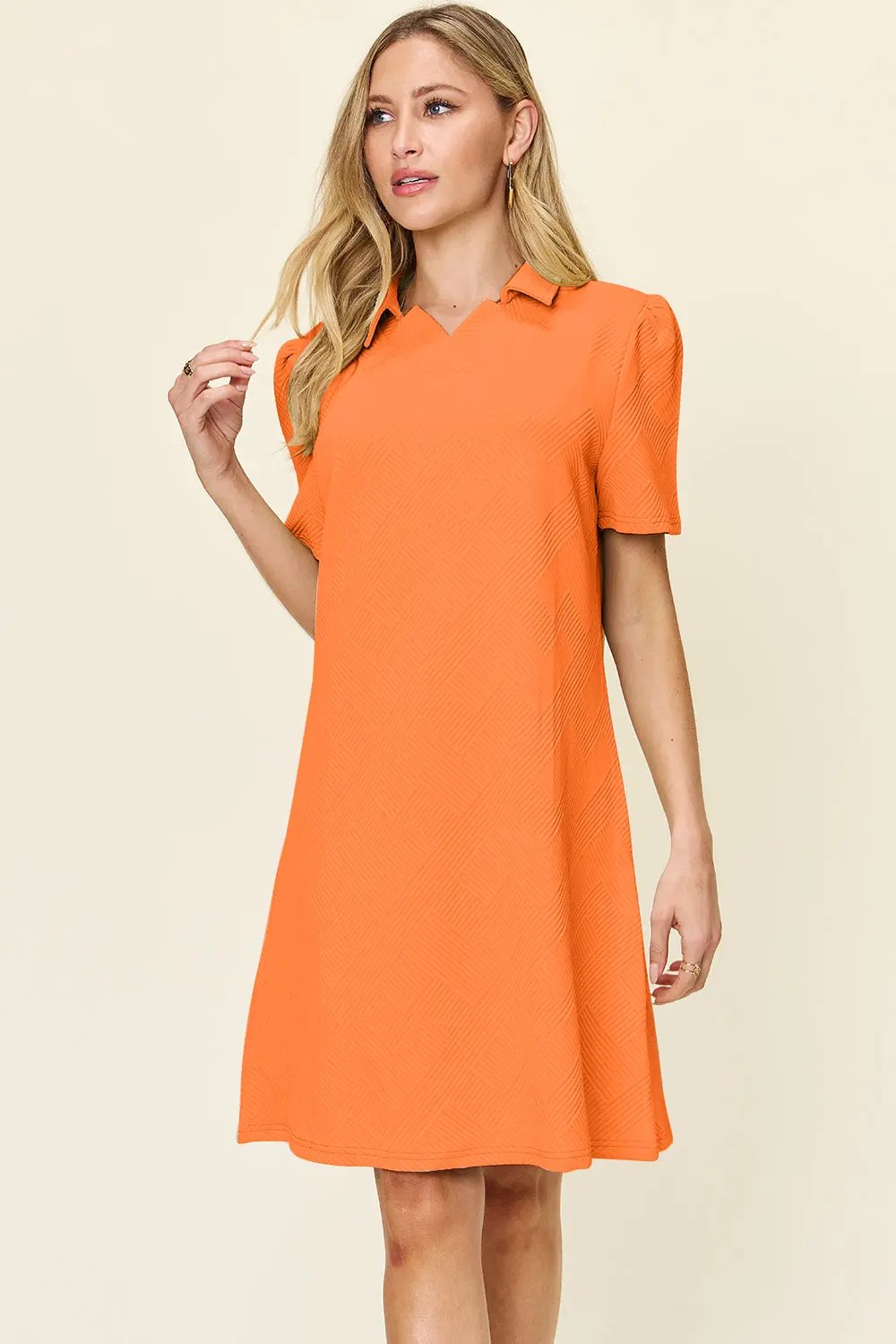 Double Take Full Size Texture Collared Neck Short Sleeve Dress - Love Salve