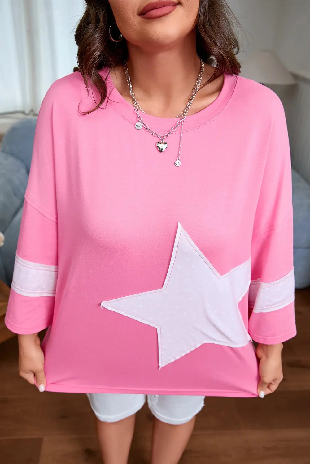 Plus Size Pink Star Patched Colorblock Raw Edge Loose Tee Dear-Lover Dropshipping