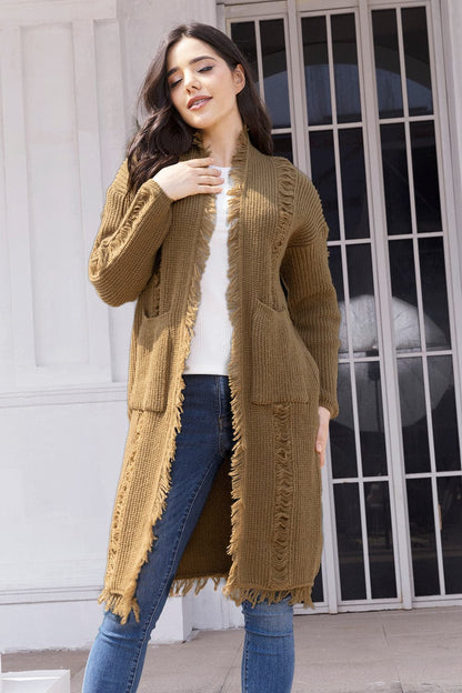 Fringe Trim Open Front Cardigan with Pockets.