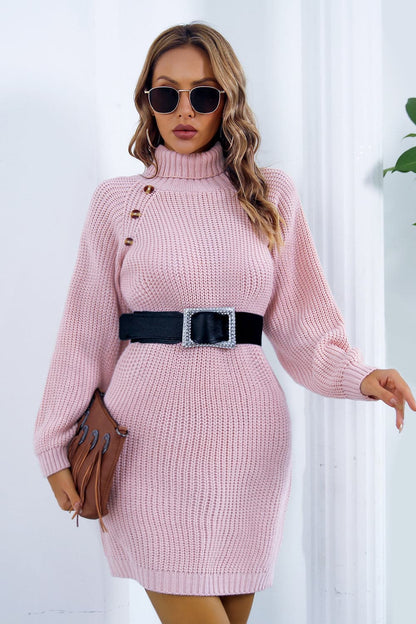 Buttoned Turtleneck Long Sleeve Sweater Dress.