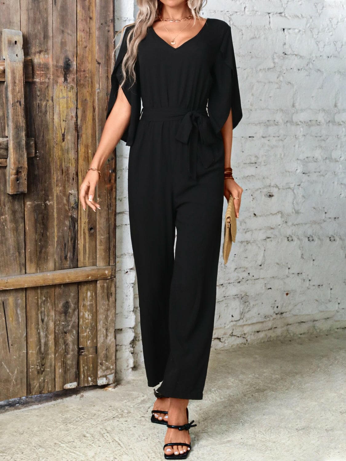 Tied V-Neck Half Sleeve Wide Leg Jumpsuit.