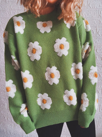 Flower Round Neck Long Sleeve Sweater.