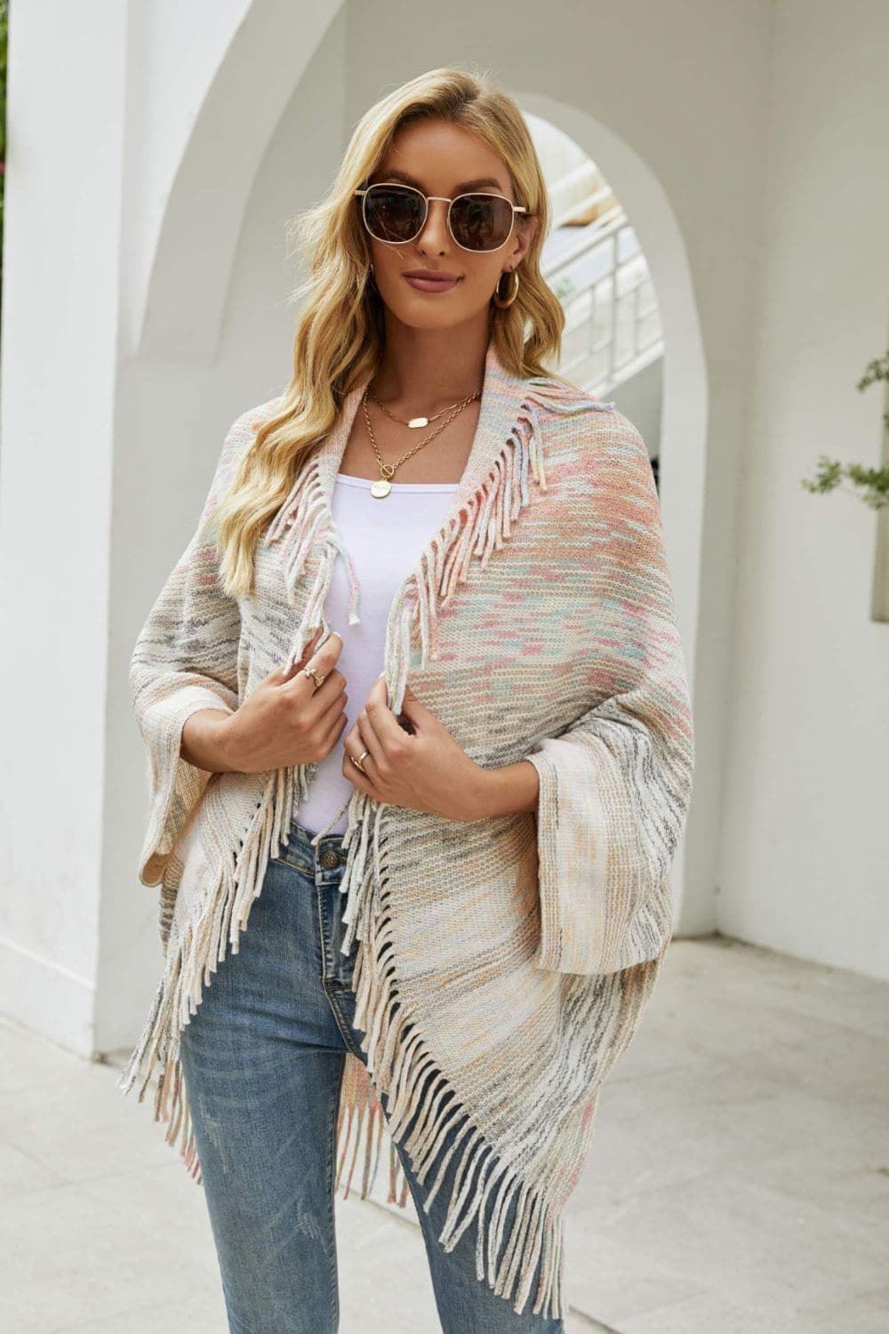 Multicolored Fringe Trim Poncho.