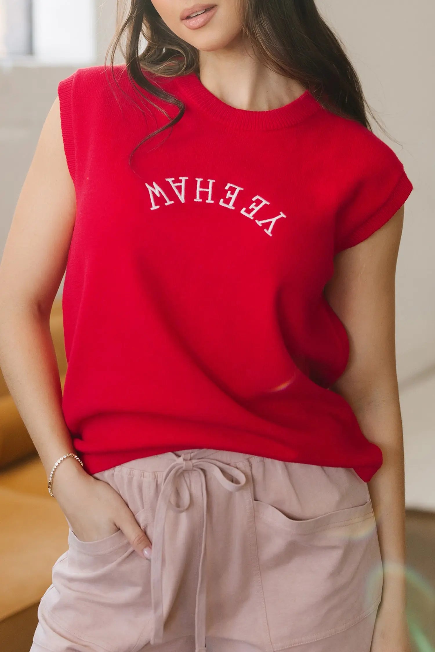 Fiery Red Embroidered Yeehaw Letter Loose Short Sleeve Sweater Dear-Lover Dropshipping