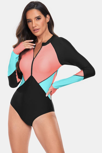 Color Block Half Zip Long Sleeve One-Piece Swimwear.