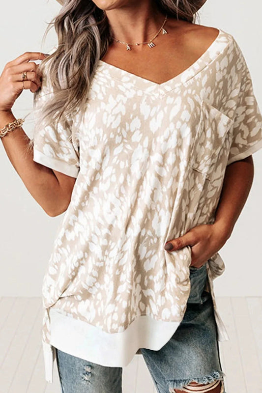 Leopard Print V Neck Side Slit Loose Fit T Shirt Simply Love
